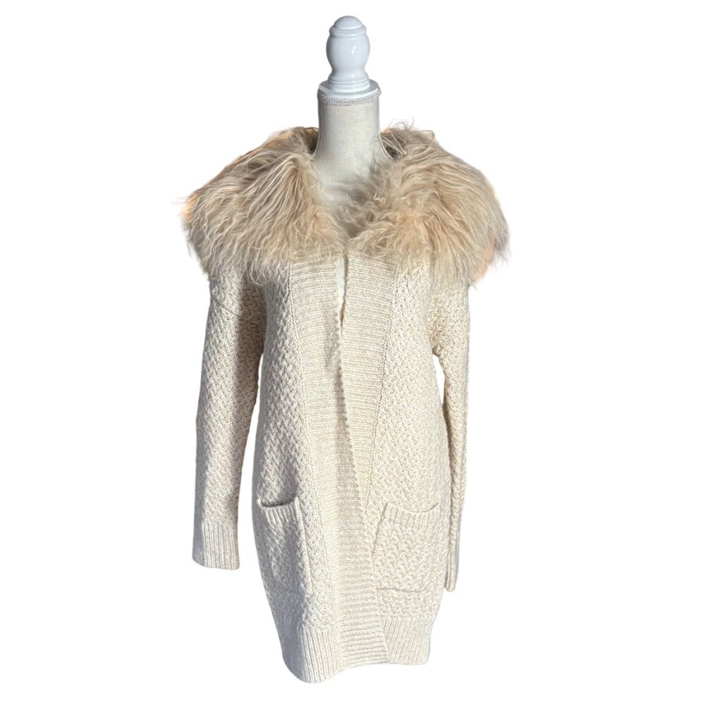 Karl Donoghue removable fur collar long wool cardigan sweater S small cream